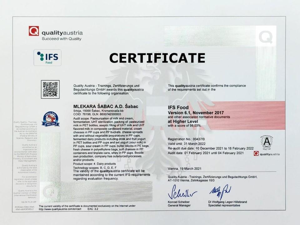 Mlekara Šabac dobila svetski sertifikat za kvalitet i bezbednost proizvoda